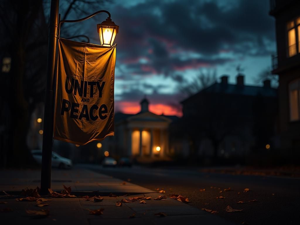 Flick International Dimly lit urban street depicting a weathered political banner with partially visible words 'Unity' and 'Peace'