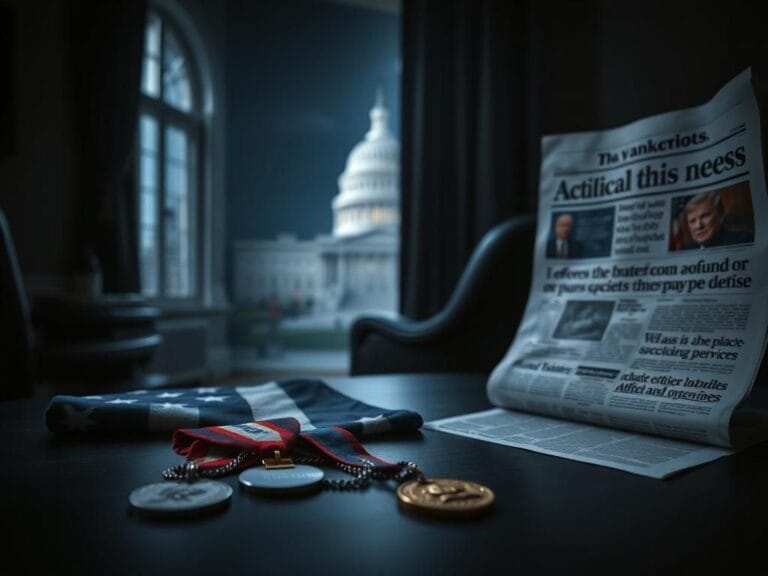 Flick International Worn veteran's medals and dog tags beside a folded American flag in a dimly lit room symbolizing military service and politics