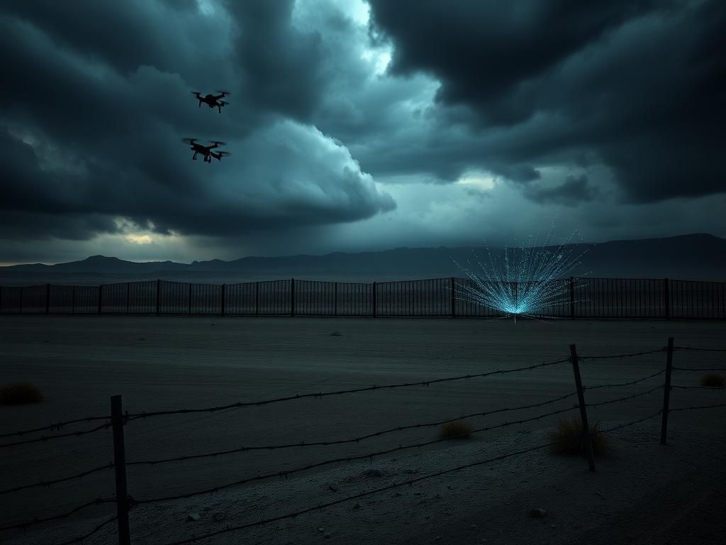 Flick International Dark-toned landscape of an empty desert border wall under stormy skies, representing threats of modern terrorism