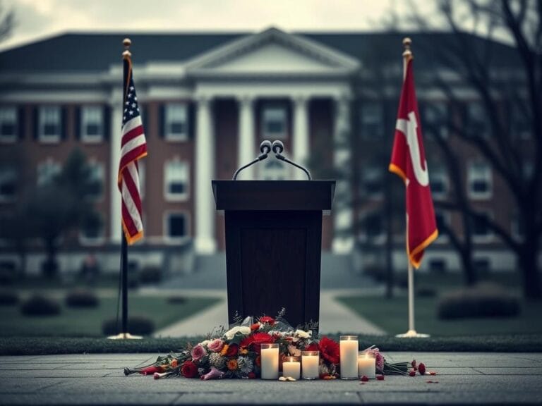 Flick International Empty podium with microphone and memorial flowers at university campus