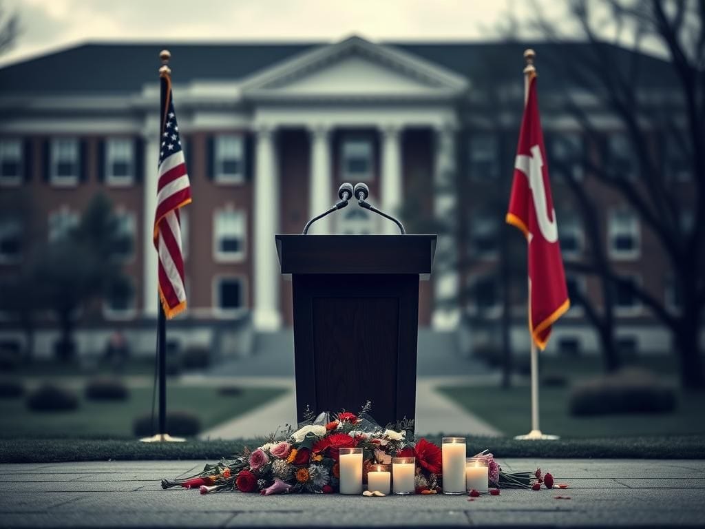 Flick International Empty podium with microphone and memorial flowers at university campus