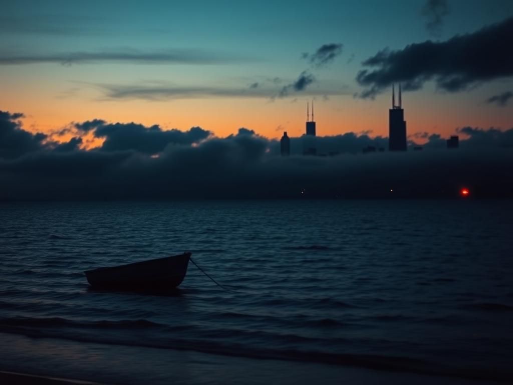 Flick International Sunset over Lake Michigan with an empty boat, symbolizing absence and loss