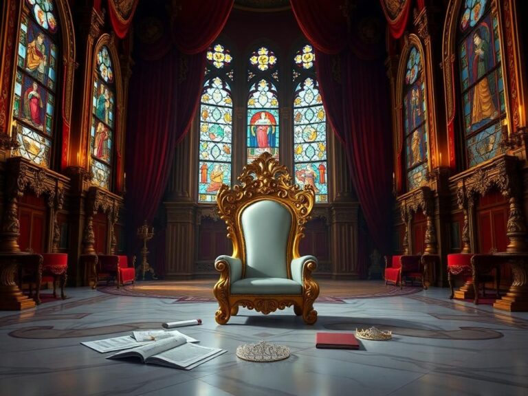 Flick International An ornate empty golden throne in a grand throne room with royal colors and documents symbolizing the weight of monarchy