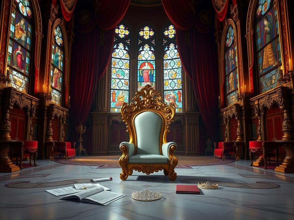 Flick International An ornate empty golden throne in a grand throne room with royal colors and documents symbolizing the weight of monarchy