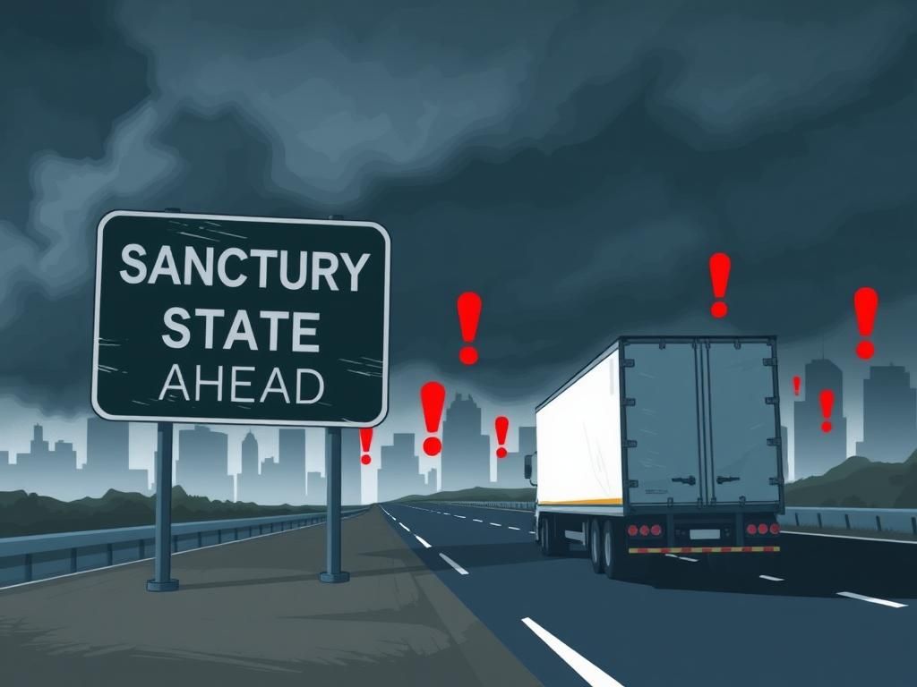 Flick International conceptual illustration of a highway scene with a commercial truck beside a weather-beaten 'Sanctuary State Ahead' road sign