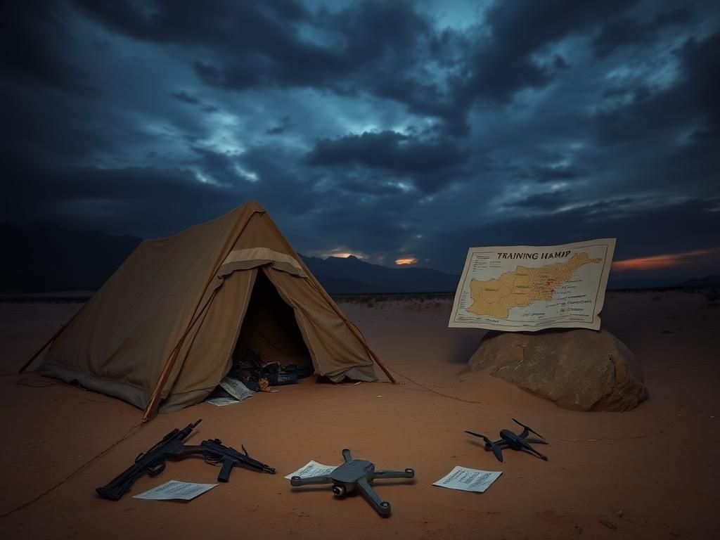 Flick International Desert landscape with abandoned training camp under dark clouds