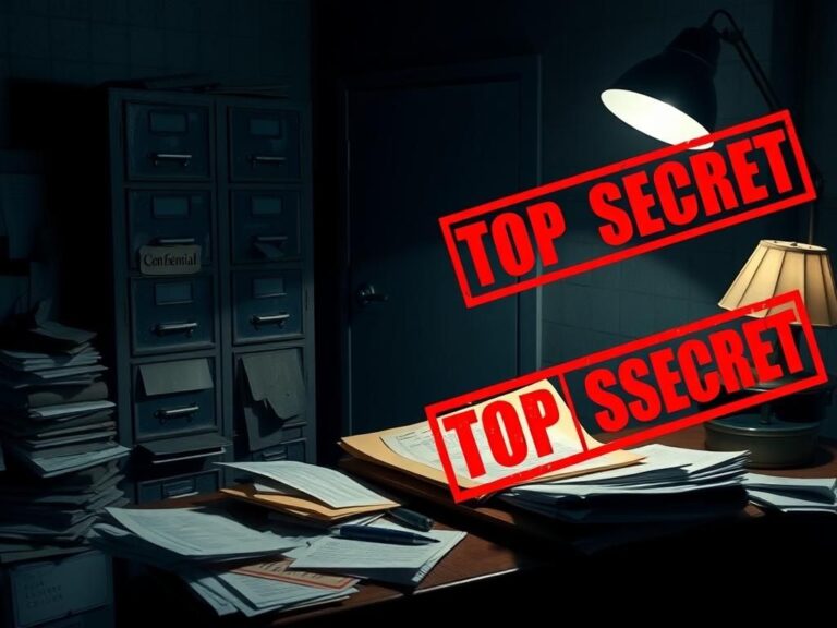 Flick International Dimly lit office with cluttered desk and overflowing file cabinet related to Epstein investigation