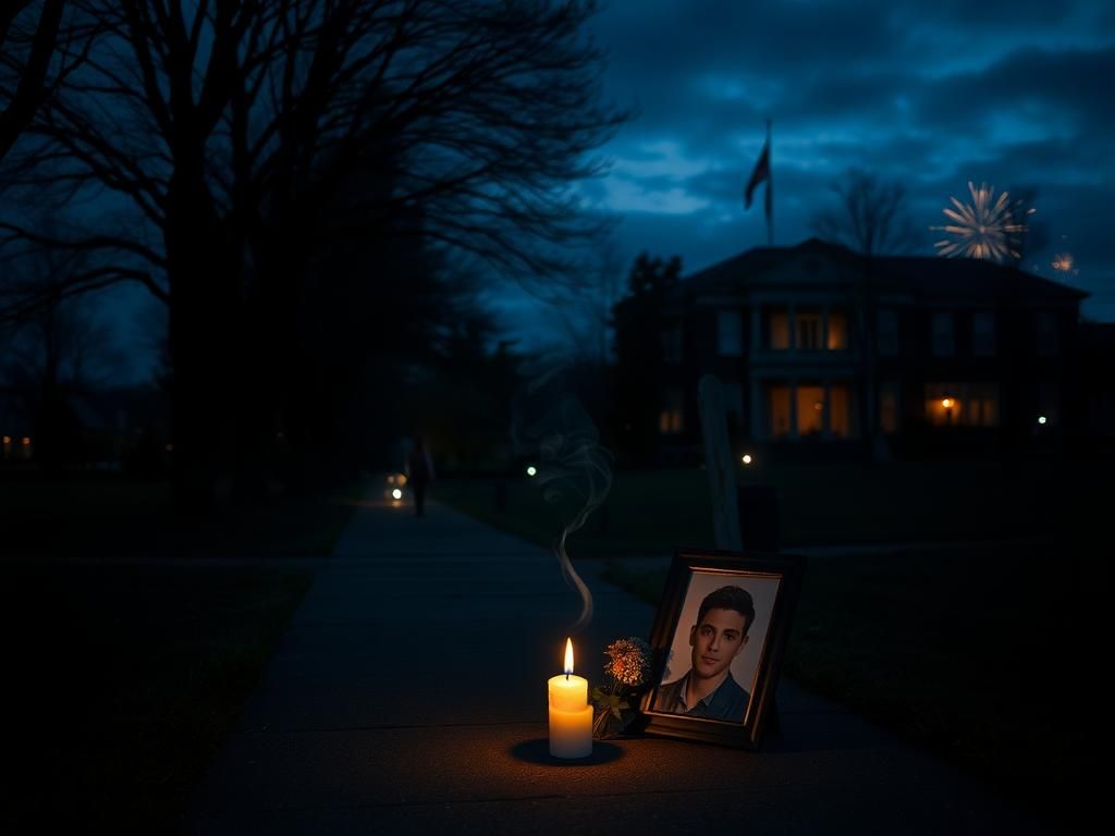 Flick International A dimly lit college campus pathway at dusk with a flickering candle and makeshift memorial