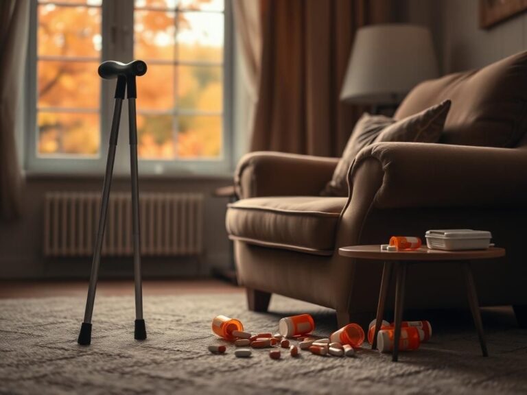 Flick International A walking cane and prescription pill bottles in a cozy living room for seniors