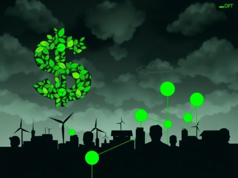 Flick International Infographic of a green grant scheme with a large dollar sign made of wind turbines, solar panels, and leaves