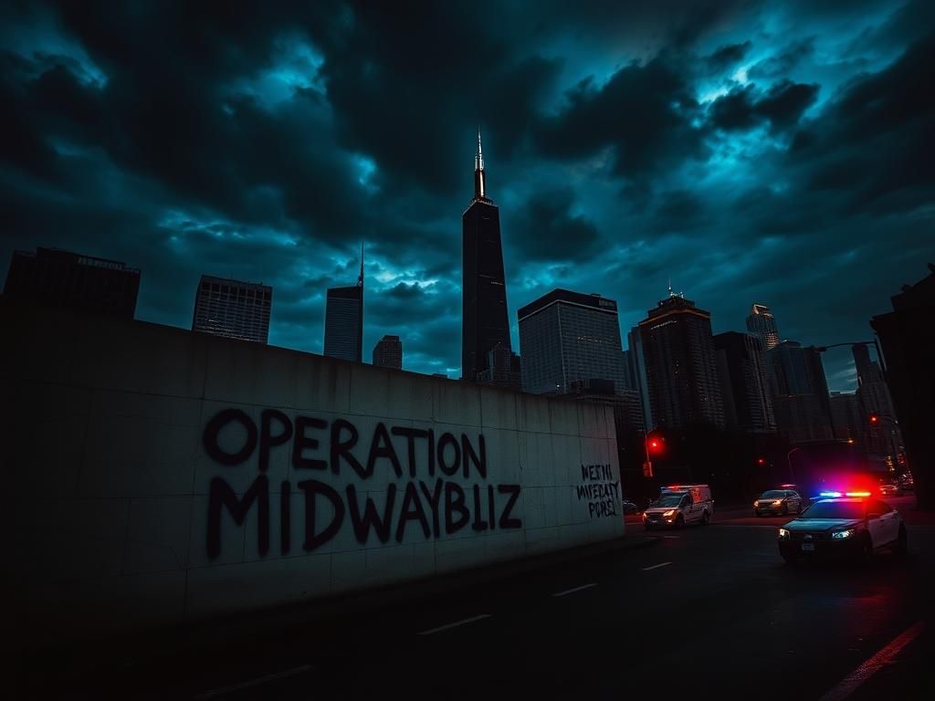 Flick International A dramatic nighttime view of Chicago showcasing the Willis Tower with a dark, cloudy sky and a wall painted with 'Operation Midway Blitz'