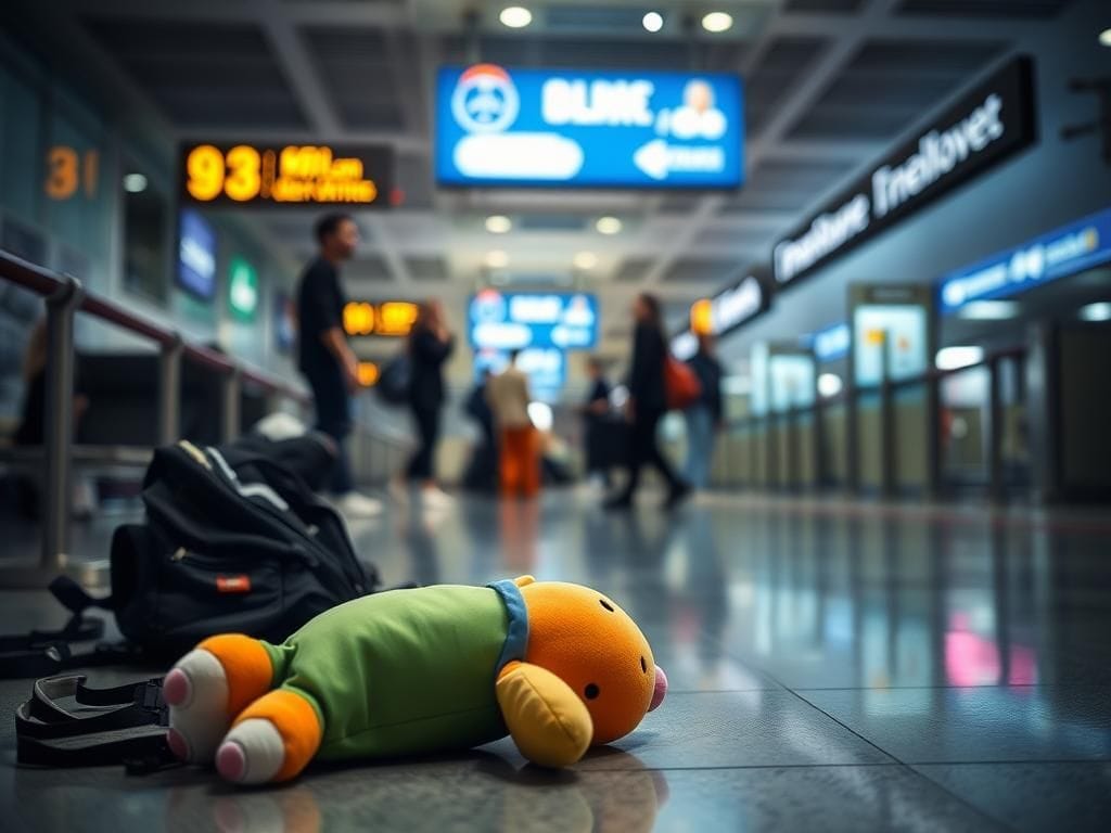 Flick International Abandoned children's toy and backpack in chaotic Miami airport scene