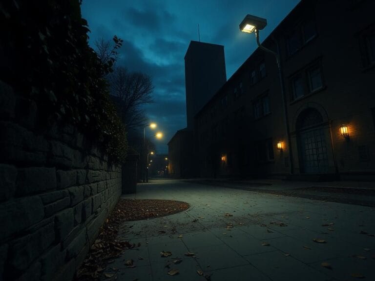 Flick International Dark university courtyard scene with ivy-covered stone wall and silhouette of a tall building