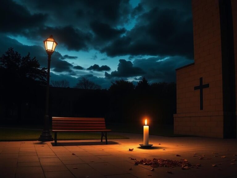 Flick International Dark campus scene at dusk featuring a deserted university plaza with empty bench and flickering street lamp