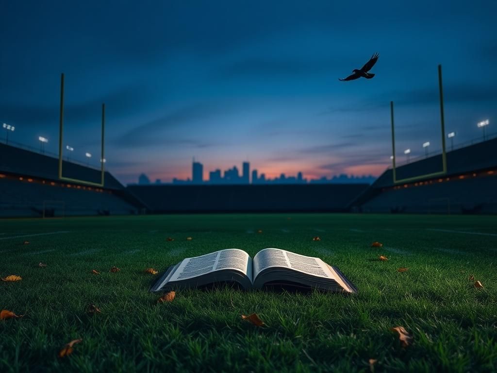 Flick International A somber football field at dusk with glowing goalposts and a city skyline in the background