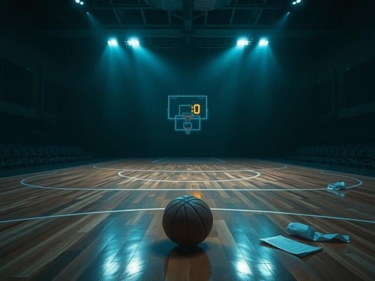Flick International Darkened basketball court with a single basketball near the free-throw line