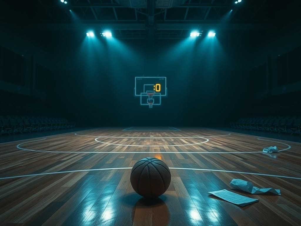 Flick International Darkened basketball court with a single basketball near the free-throw line