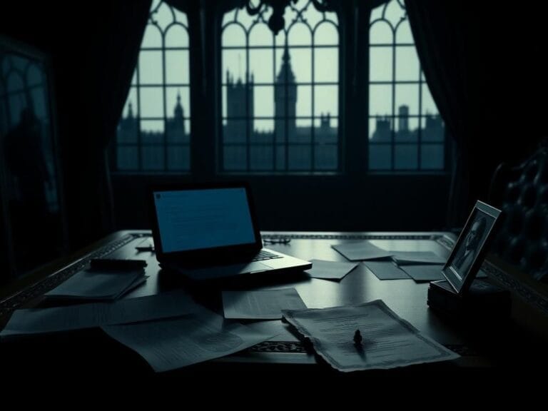 Flick International Ornate desk in a dimly lit room with scattered papers and a blurred email interface
