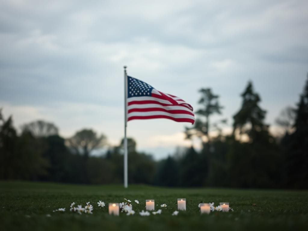 Flick International A peaceful park setting with a half-mast American flag, flowers, and candles in memory of Charlie Kirk