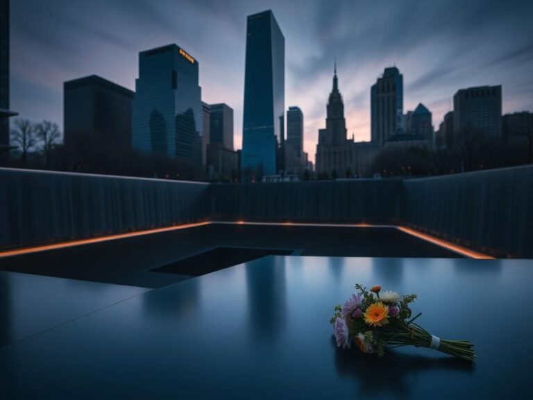 Flick International Reflecting pools at the National September 11 Memorial in New York City during twilight
