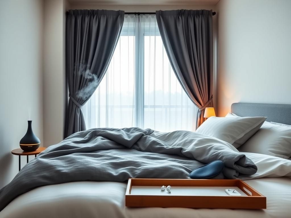 Flick International Cozy bedroom scene featuring luxurious blackout curtains and a weighted blanket