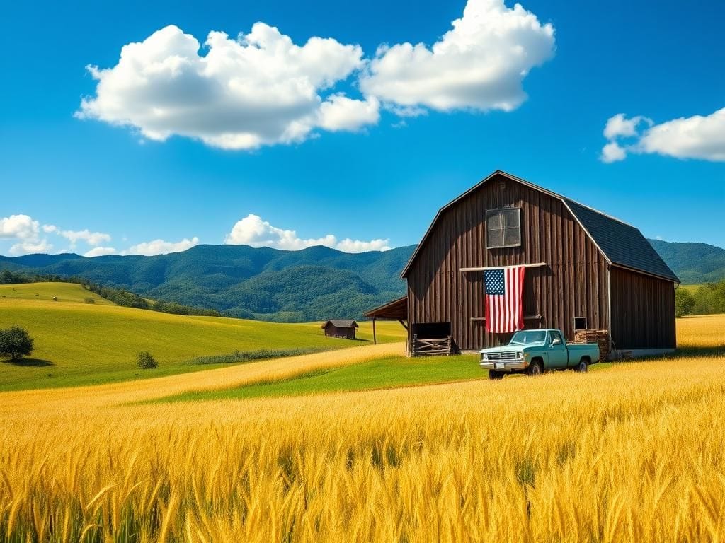 Flick International A vibrant landscape of Tennessee with a rustic wooden barn and an American flag