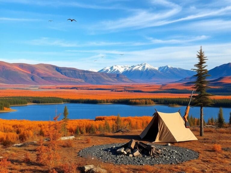 Flick International A serene Alaskan wilderness scene with vibrant autumn foliage and an abandoned hunting camp