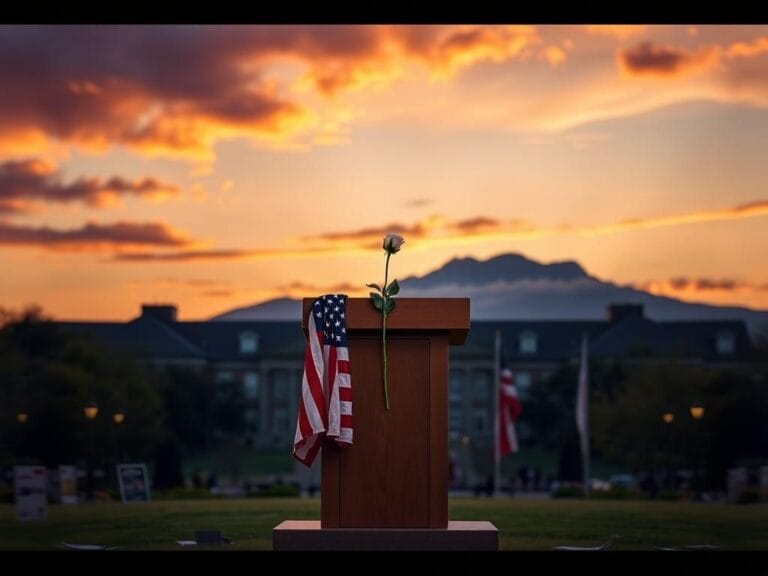 Flick International A university campus at sunset with an empty podium, a white rose, and an American flag.