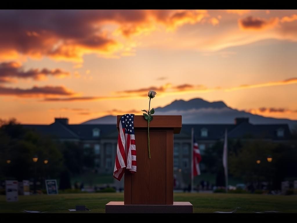 Flick International A university campus at sunset with an empty podium, a white rose, and an American flag.