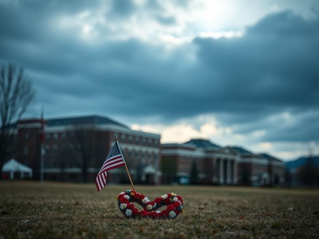 Flick International Heart-shaped arrangement of wilted flowers and an American flag on a university campus after a tragedy