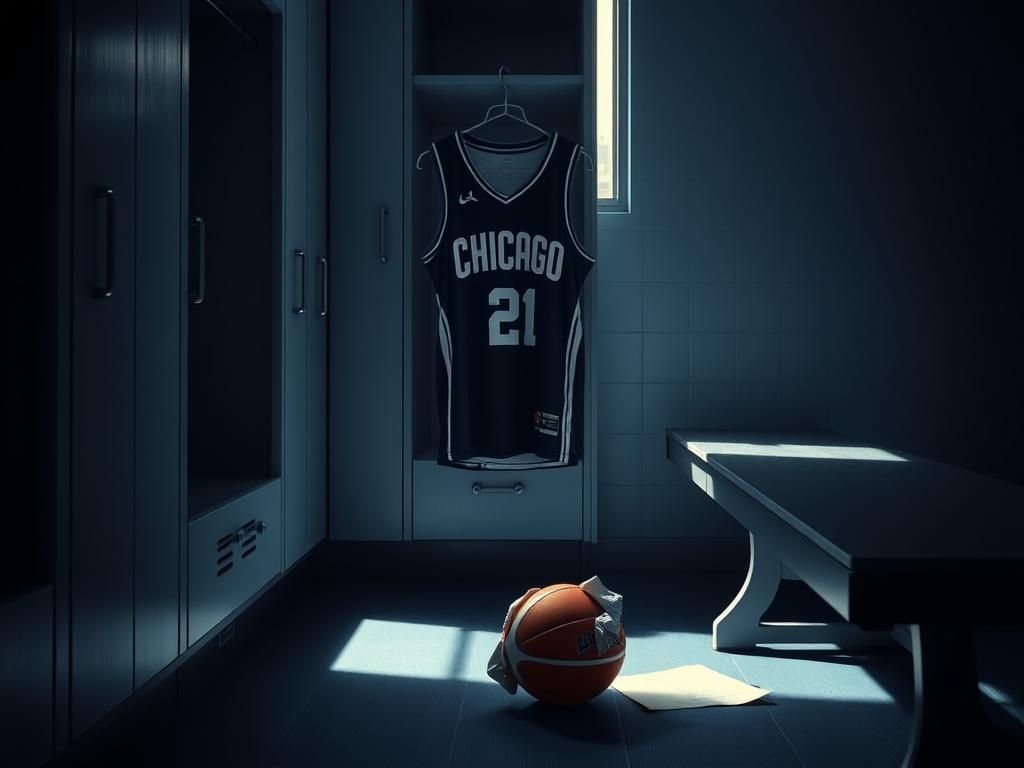 Flick International Empty locker adorned with a Chicago Sky jersey in a dramatic sports locker room scene