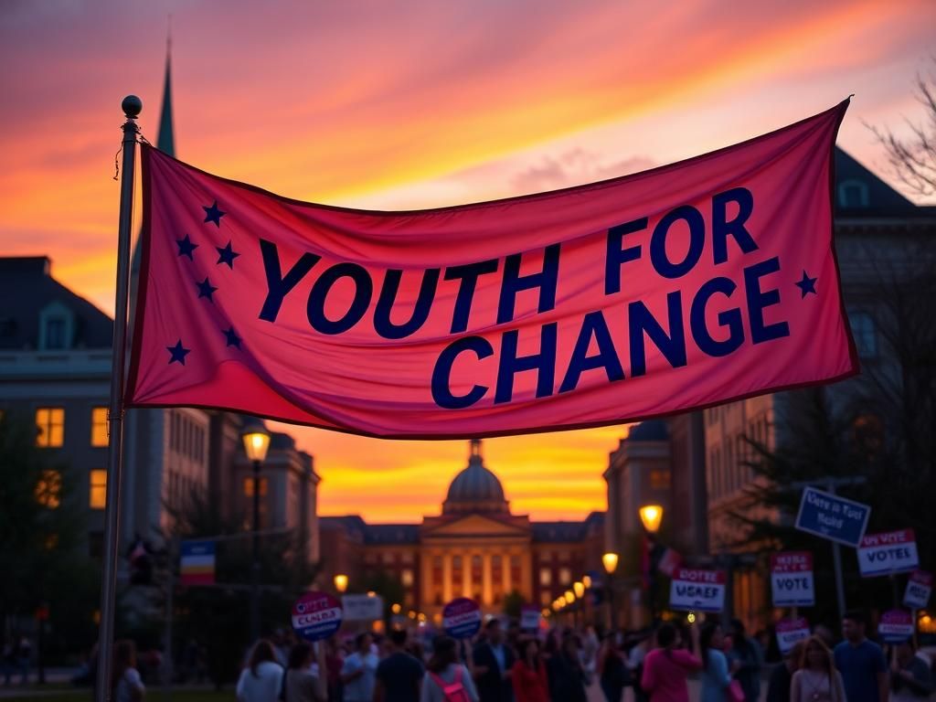 Flick International A vibrant scene of a university campus at dusk promoting youth political engagement