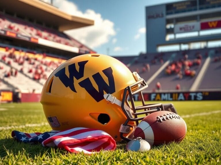 Flick International A vibrant football stadium scene showcasing the Washington Commanders' colors with a vintage helmet symbolizing Robert Griffin III's legacy