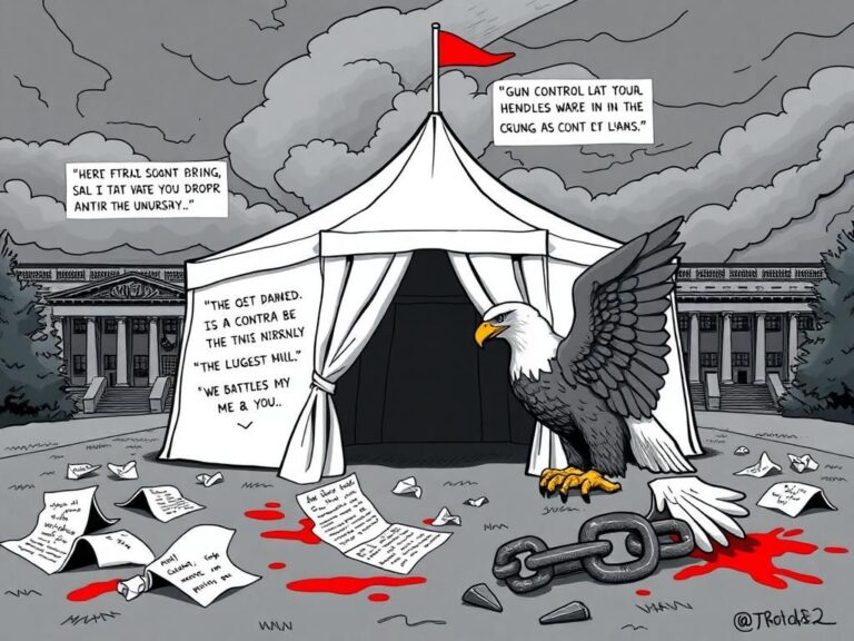 Flick International Dark and satirical illustration of a pop-up tent with crumpled papers in a university setting
