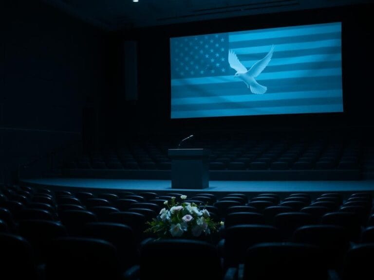 Flick International Empty university lecture hall with spotlight on podium symbolizing mourning