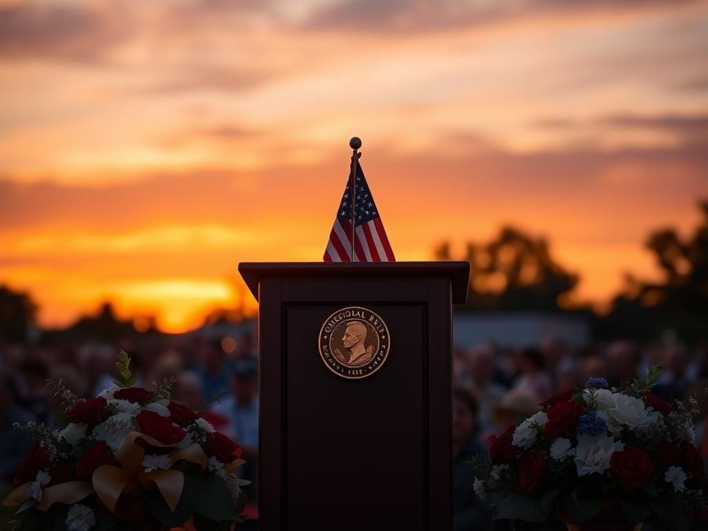 Flick International Empty podium with American flag and Congressional Gold Medal at a memorial event
