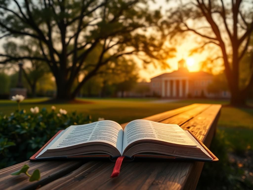 Flick International A serene sunrise over a college campus with an open Bible on a wooden bench