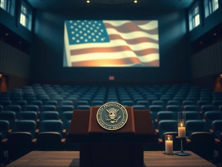 Flick International A solemn university auditorium with empty chairs and a Presidential Medal of Freedom on the podium