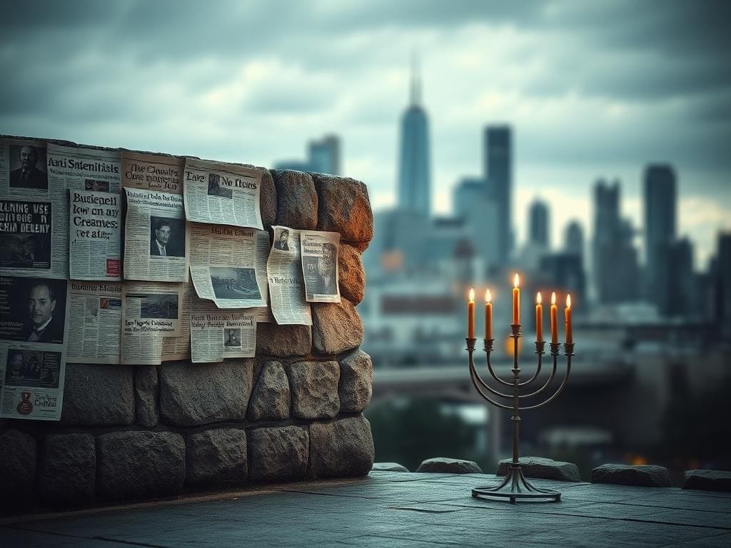 Flick International A solemn stone wall adorned with newspaper clippings about antisemitism, with a glowing menorah in the foreground.