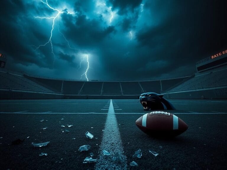 Flick International Dramatic scene of a deserted football stadium with a Carolina Panthers logo on the turf