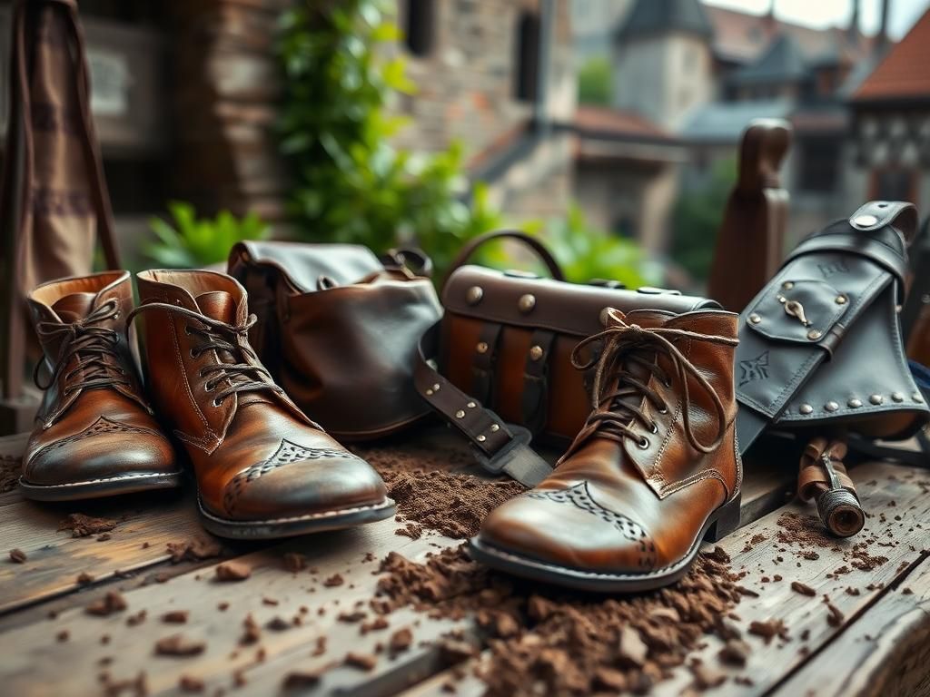 Flick International Close-up of medieval leather artifacts including shoes and bags on a wooden table