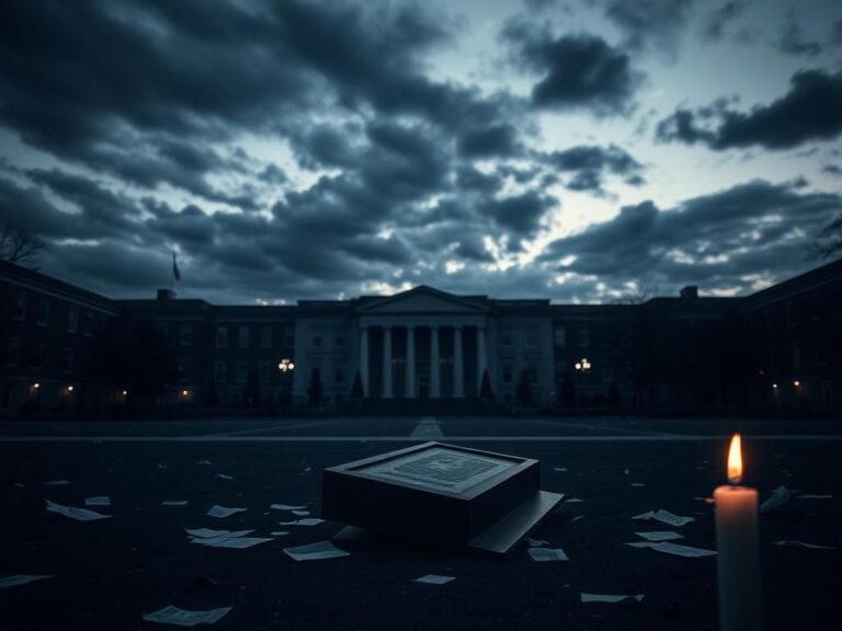 Flick International A broken podium on an empty university campus at dusk symbolizes the chaos of political violence.