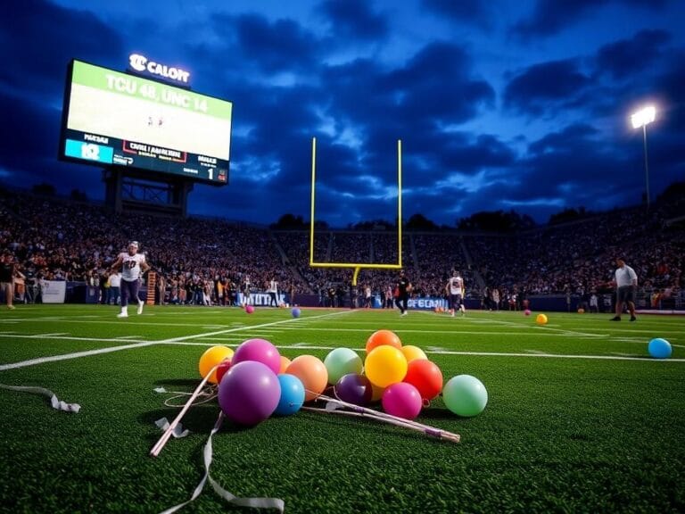 Flick International A vibrant football stadium scene at night showing TCU 48, UNC 14 on the scoreboard