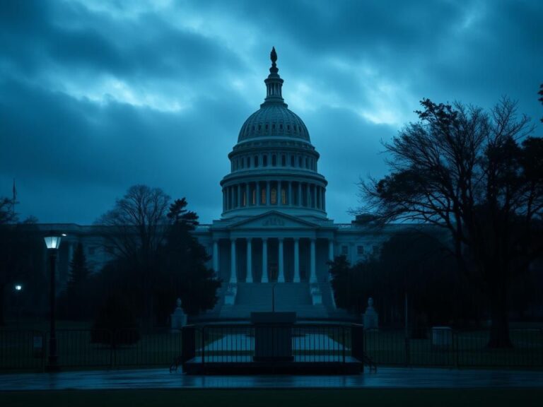 Flick International Exterior view of the U.S. Capitol building at dusk, surrounded by security barriers and a somber atmosphere