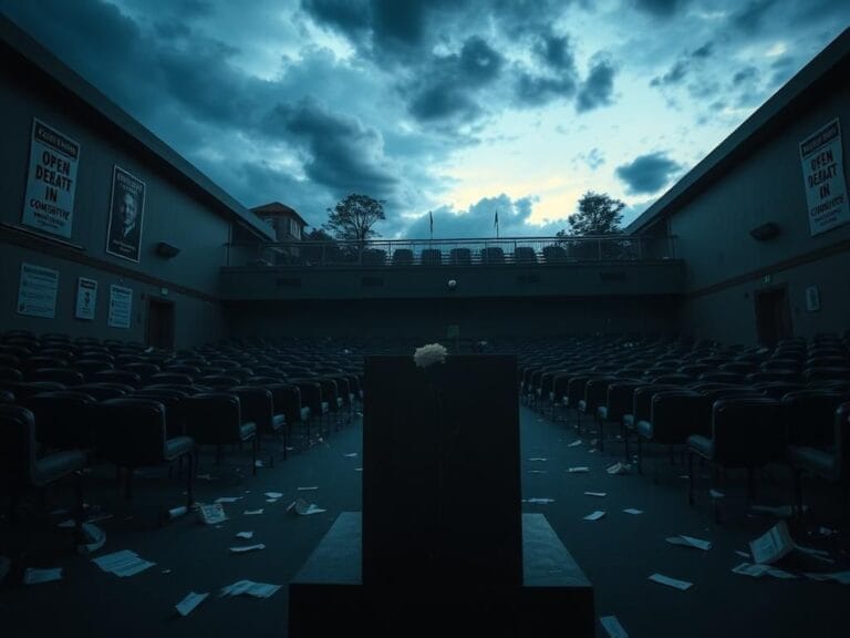 Flick International Somber college campus scene at twilight with empty lecture hall and wilted flower podium symbolizing loss.