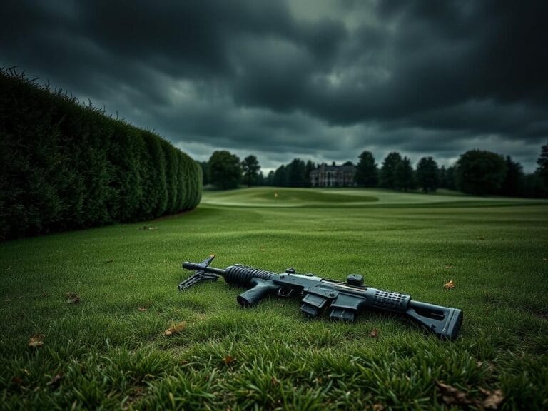Flick International Assault rifle resting on a golf course near dense hedges, depicting an ominous scene.