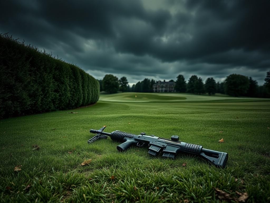 Flick International Assault rifle resting on a golf course near dense hedges, depicting an ominous scene.