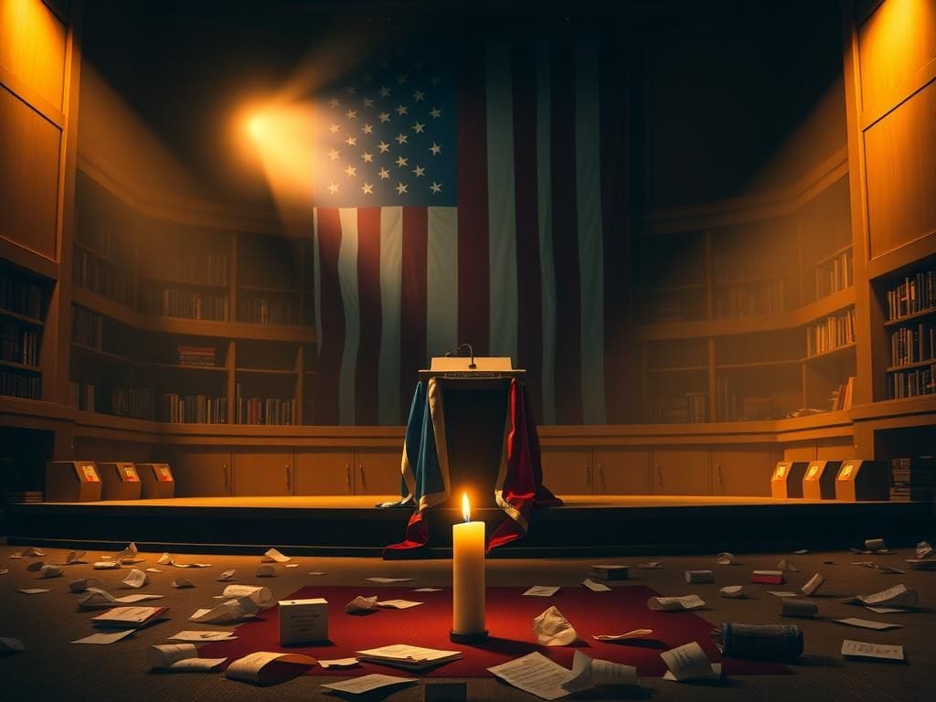 Flick International Empty debating chamber with a podium draped in red, white, and blue, symbolizing freedom and democracy