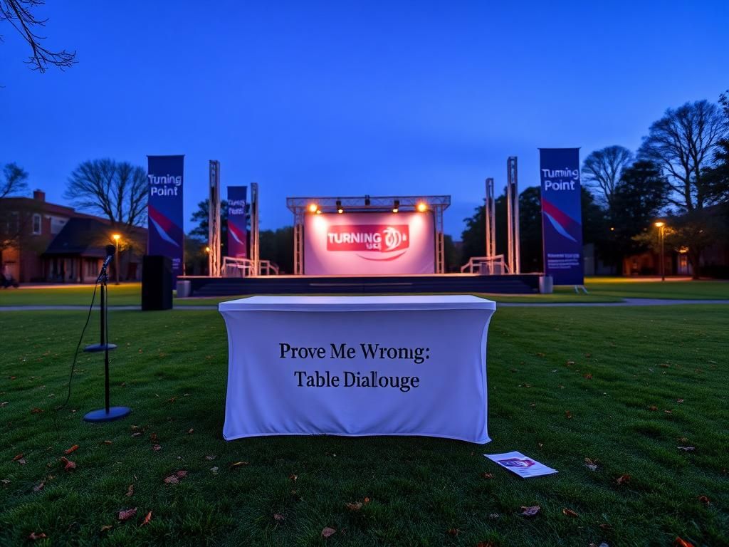 Flick International Serene university campus at dusk with a stage adorned by Turning Point USA banners