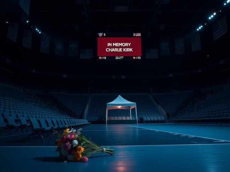Flick International somber scene in a dimly lit sports arena with empty seats and a digital scoreboard honoring Charlie Kirk